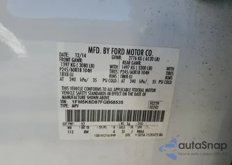 2015 Ford Explorer Xlt z USA, uszkodzony, nr VIN 1FM5K8D87FGB68535